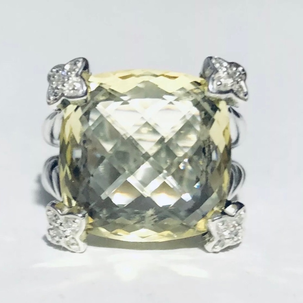 Cushion on Point Yellow Citrine Ring w/diamonds